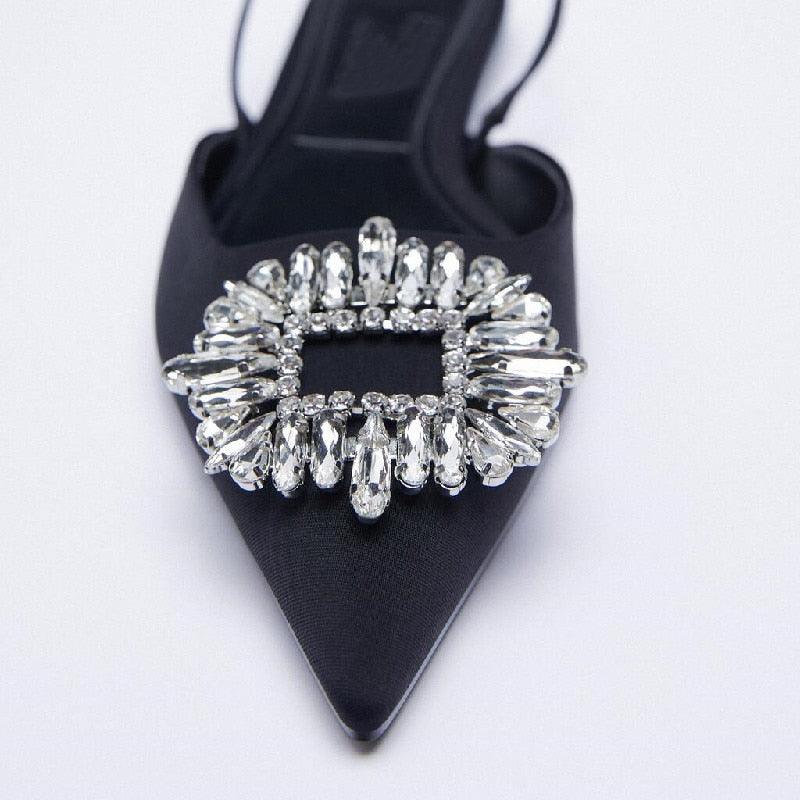 Luxury Black Straps Black Shoes For Women Shallow Summer Heels Beige Elastic Band Low Pointed Closed Flat Rhinestone Slip-on Shoes Flats Outdoor Walking Slippers