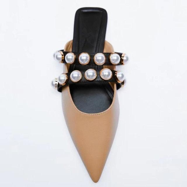 Luxury Black Straps Black Shoes For Women Shallow Summer Heels Beige Elastic Band Low Pointed Closed Flat Rhinestone Slip-on Shoes Flats Outdoor Walking Slippers