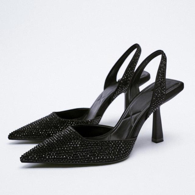 Luxury Black Straps Black Shoes For Women Shallow Summer Heels Beige Elastic Band Low Pointed Closed Flat Rhinestone Slip-on Shoes Flats Outdoor Walking Slippers