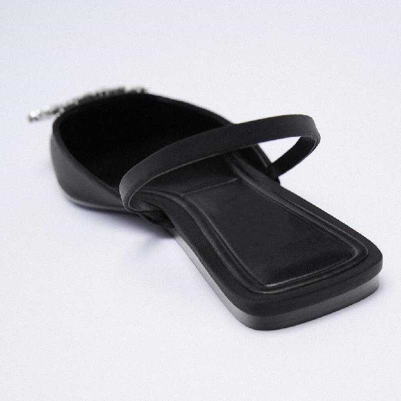 Luxury Black Straps Black Shoes For Women Shallow Summer Heels Beige Elastic Band Low Pointed Closed Flat Rhinestone Slip-on Shoes Flats Outdoor Walking Slippers