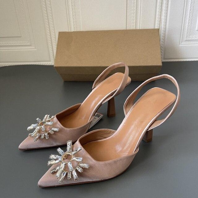 Luxury Black Straps Black Shoes For Women Shallow Summer Heels Beige Elastic Band Low Pointed Closed Flat Rhinestone Slip-on Shoes Flats Outdoor Walking Slippers