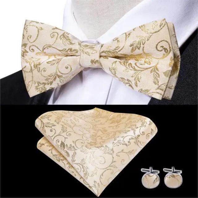Luxury Butterfly Beige Silk Bow Ties For Men Gentlemens Cufflinks Set Elegant Design Wedding Party Bowties For Tuxedo Excellent Gift For Prom