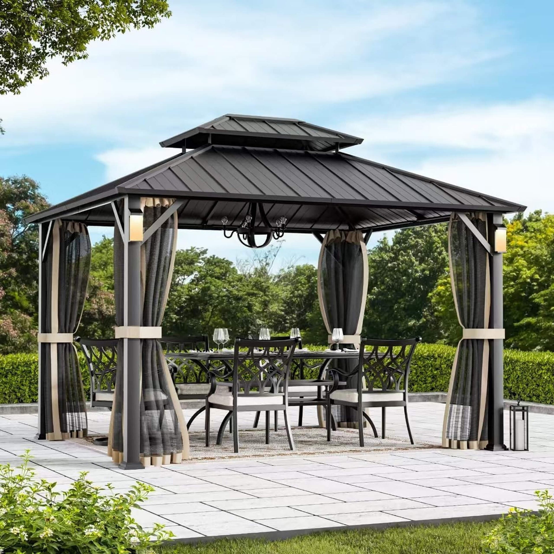 Luxury Double Roof Hardtop Aluminum Gazebo With Decor Hooks, Mosquito Nettings, And LED Lights (SAK91824)