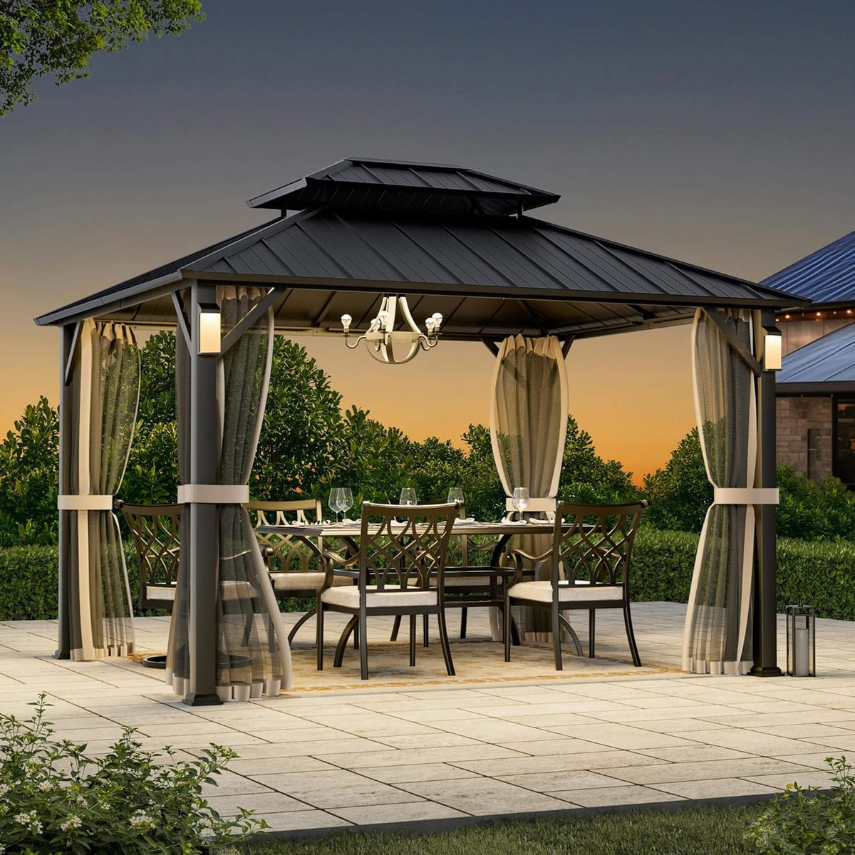 Luxury Double Roof Hardtop Aluminum Gazebo With Decor Hooks, Mosquito Nettings, And LED Lights (SAK91824)