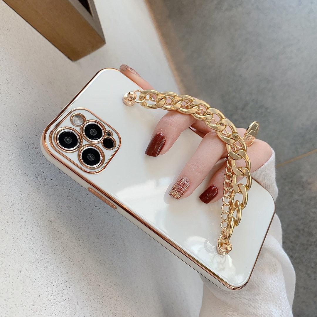 Luxury Glossy Gold Color Metal Coin Bracelet Chain Protective Case Cover For iPhone Soft Case for iPhone 13 12 Pro Max 14 11 pro max X XS XR 7 8 Plus Cover