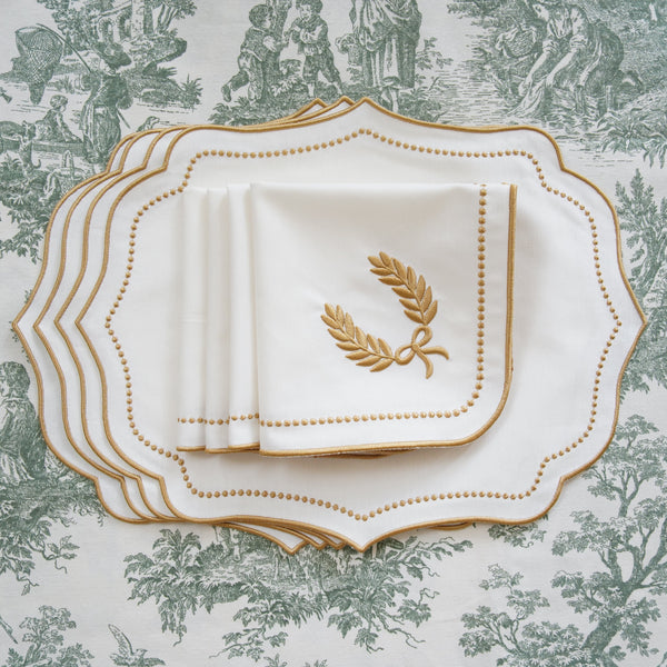 SPRING TABLE DECOR – LUNA IVORY GOLD TRIM PLACEMAT & NAPKIN SET