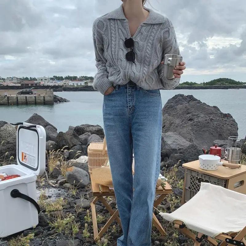 Luxury Kitty Retro Women Sweater Pullovers Knitted Casual Solid Autumn Turn-down Collar Feminine Loose All Match Soft Sweet Tops