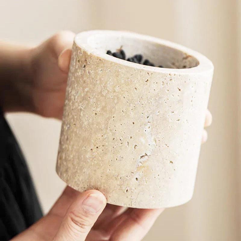 Luxury Marble Organizer Canister - Handcrafted Round Stone Container for Vanity, Office | Gift Set with Lid for Makeup Brushes & Coffee Lovers
