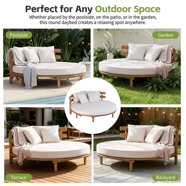 Alora Luxury Outdoor Acacia Wood Round Daybed With Cushions And Pillows (SAK40613)