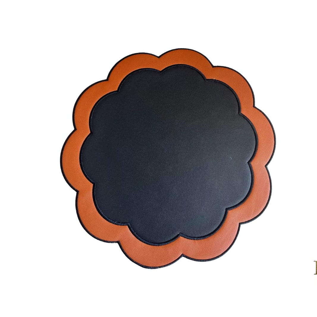 SERENITY BLACK ORANGE SCLALOPED FAUX LEATHER PLACEMAT
