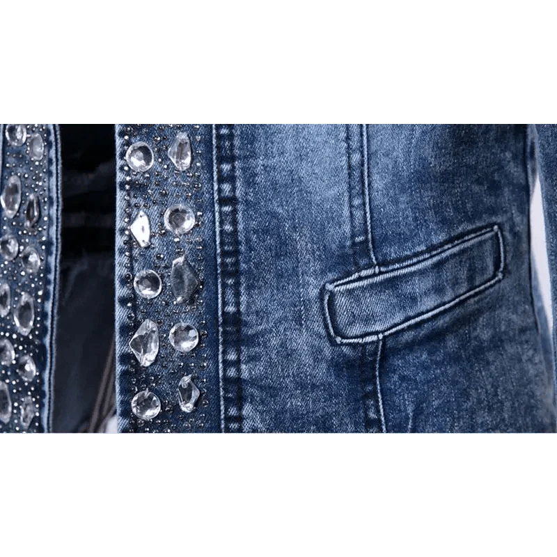 Luxury Spring Fashionable Women Denim Jacket Slim Zipper Casual Short Sequins Outerwear Ladies Vintage Crystal Biker