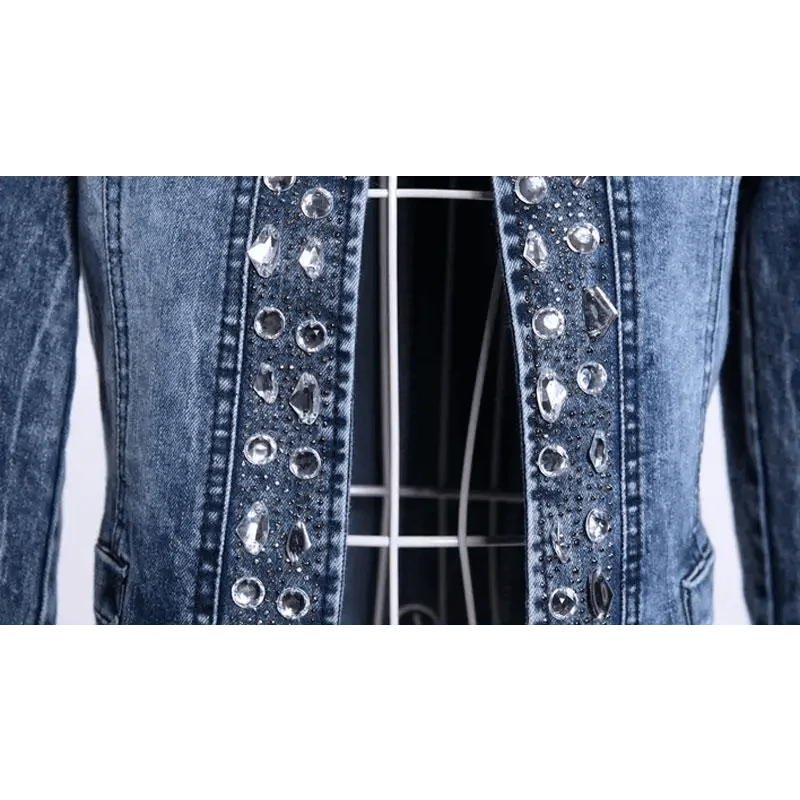 Luxury Spring Fashionable Women Denim Jacket Slim Zipper Casual Short Sequins Outerwear Ladies Vintage Crystal Biker