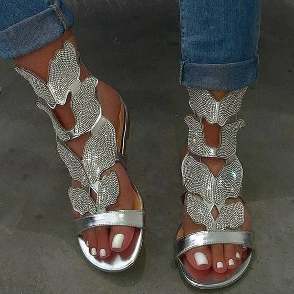 Luxury Summer Fashion Rhinestone Sandal Women Butterfly Soft Non-slip Flat Shoes Casual Breathable Outdoor Beach Rhinestone Sandals Women's Flat Sandals Jeweled Party Sandals
