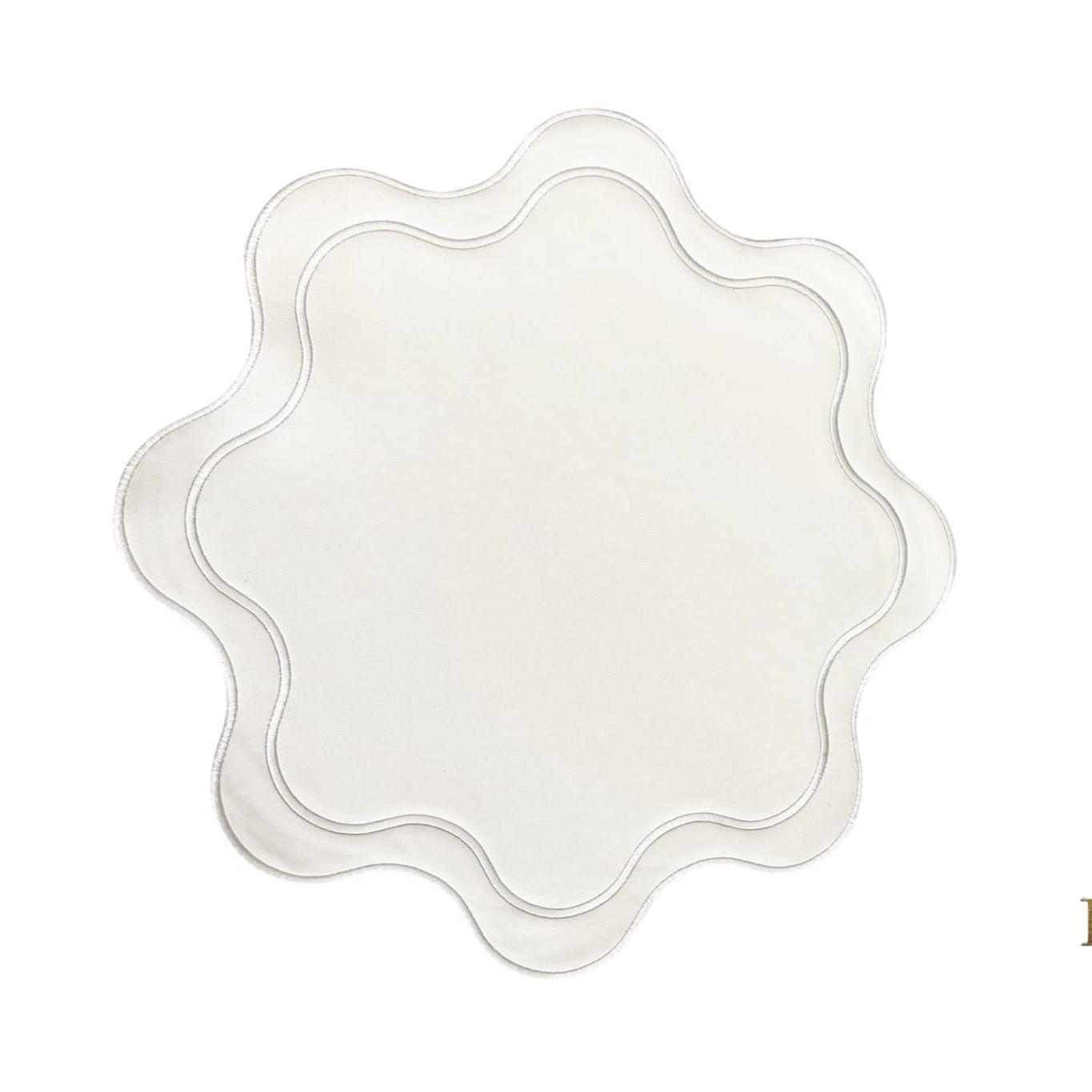 SPRING TABLE DECOR – HAVEN WHITE WAVY EDGE NAVY TRIM FAUX LEATHER PLACEMAT