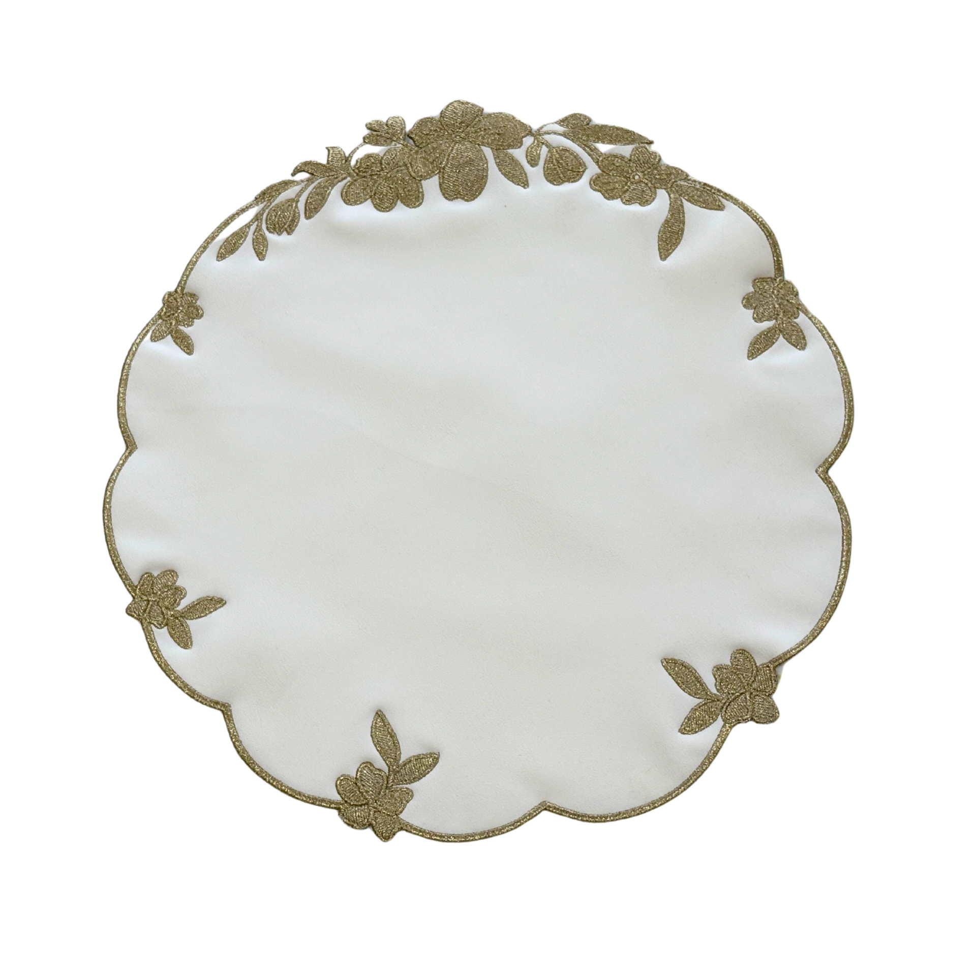 SPRING TABLE DECOR – LOTUS WHITE GOLD ROUND FAUX LEATHER PLACEMAT
