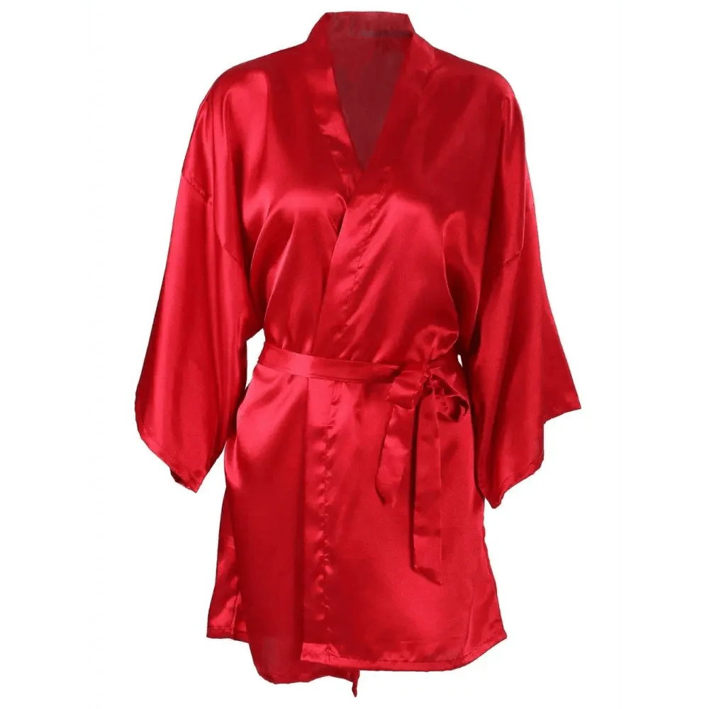 Luxury White Silk Women Bathrobe Soft Short Ladies Sleepwear Indoor Bathrobe Party Sleepwear With Waist Belt