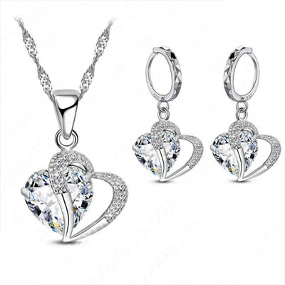 Luxury Women 925 Sterling Silver Cubic Zircon Necklace Pendant Earrings Sets Cartilage Piercing Jewelry Wedding Heart Design