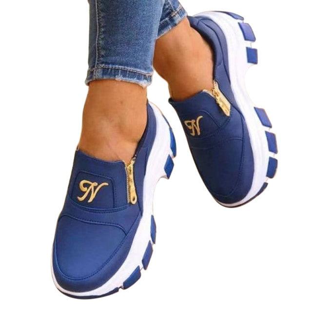 Luxury Women Blue Espadrilles New Solid Color Thick Bottom Zipper Walking Women's Shoes Slip-on High Top Sneakers Round Toe Thick Sole Zipper Ballet Flats Flat Skate Walking Shoes