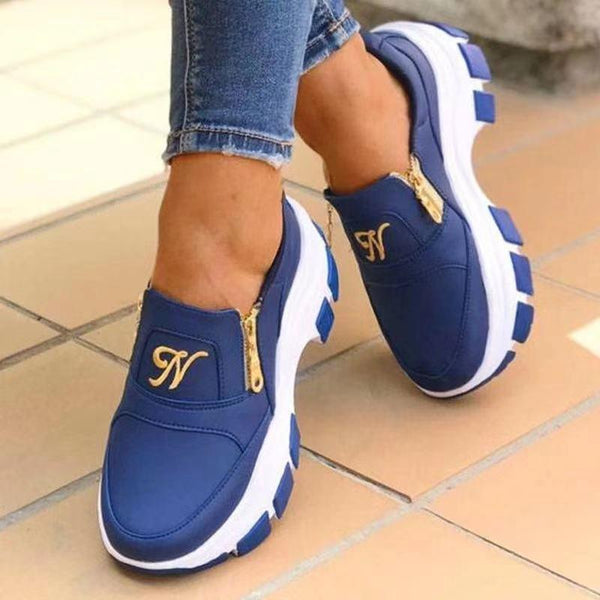 Luxury Women Blue Espadrilles New Solid Color Thick Bottom Zipper Walking Women's Shoes Slip-on High Top Sneakers Round Toe Thick Sole Zipper Ballet Flats Flat Skate Walking Shoes