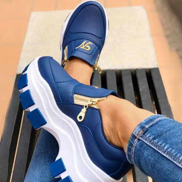 Luxury Women Blue Espadrilles New Solid Color Thick Bottom Zipper Walking Women's Shoes Slip-on High Top Sneakers Round Toe Thick Sole Zipper Ballet Flats Flat Skate Walking Shoes
