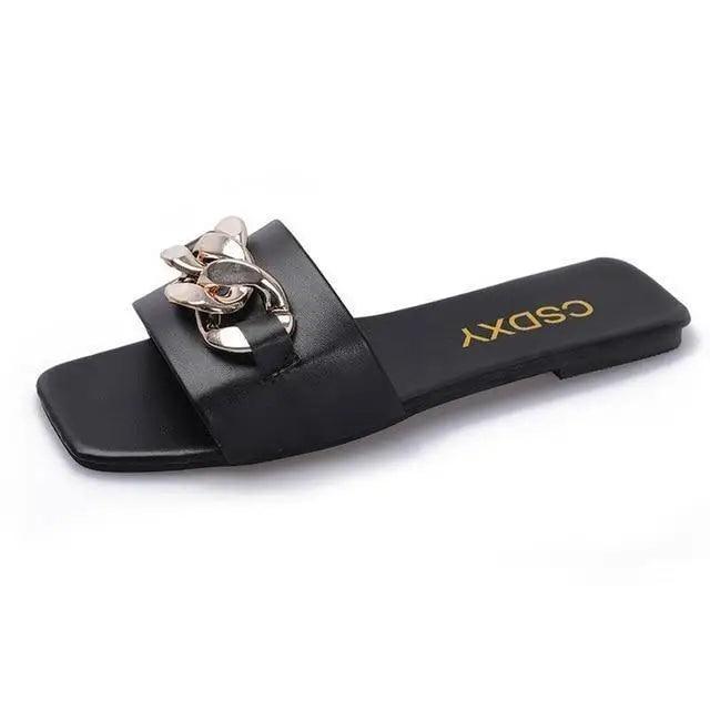 Luxury Women Summer Slipper Square Toe Chain Slippers Fashion Open Toe Metal Chain Beach Shopping Party Flip Flops For Women