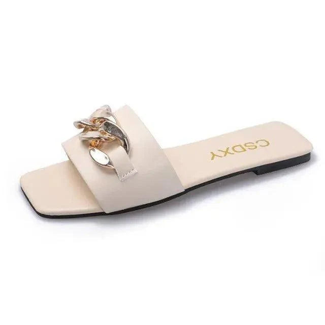 Luxury Women Summer Slipper Square Toe Chain Slippers Fashion Open Toe Metal Chain Beach Shopping Party Flip Flops For Women