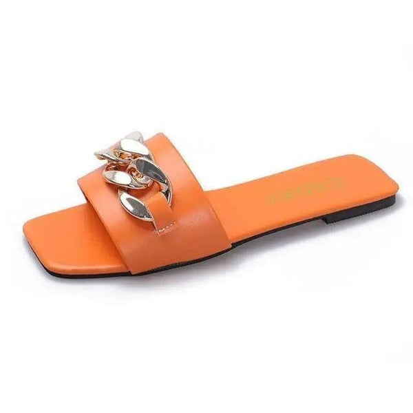Luxury Women Summer Slipper Square Toe Chain Slippers Fashion Open Toe Metal Chain Beach Shopping Party Flip Flops For Women