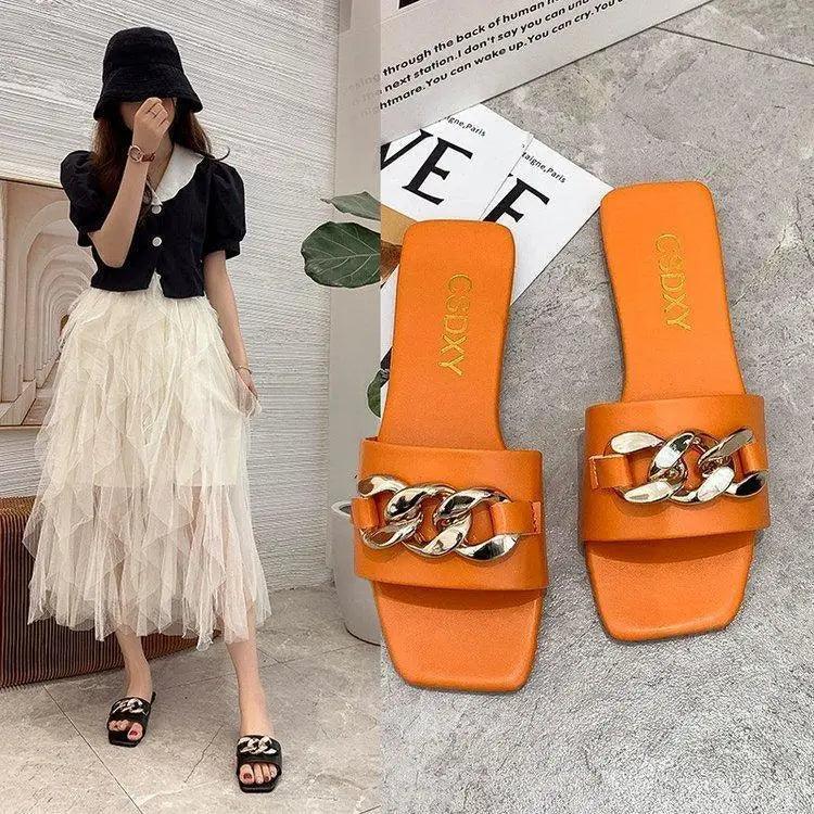 Luxury Women Summer Slipper Square Toe Chain Slippers Fashion Open Toe Metal Chain Beach Shopping Party Flip Flops For Women