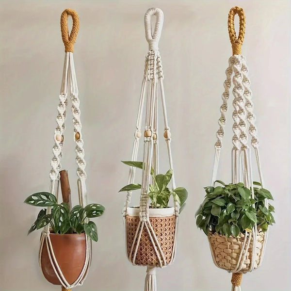 [Macrame Plant Hangers] 3pcs Macrame Plant Hangers - Bohemian Handwoven Holders with Tassels, Decorative Hanging Baskets, Ideal for Balcony/Living Room/Garden, Great Housewarming Gifts (Not Include Pots)