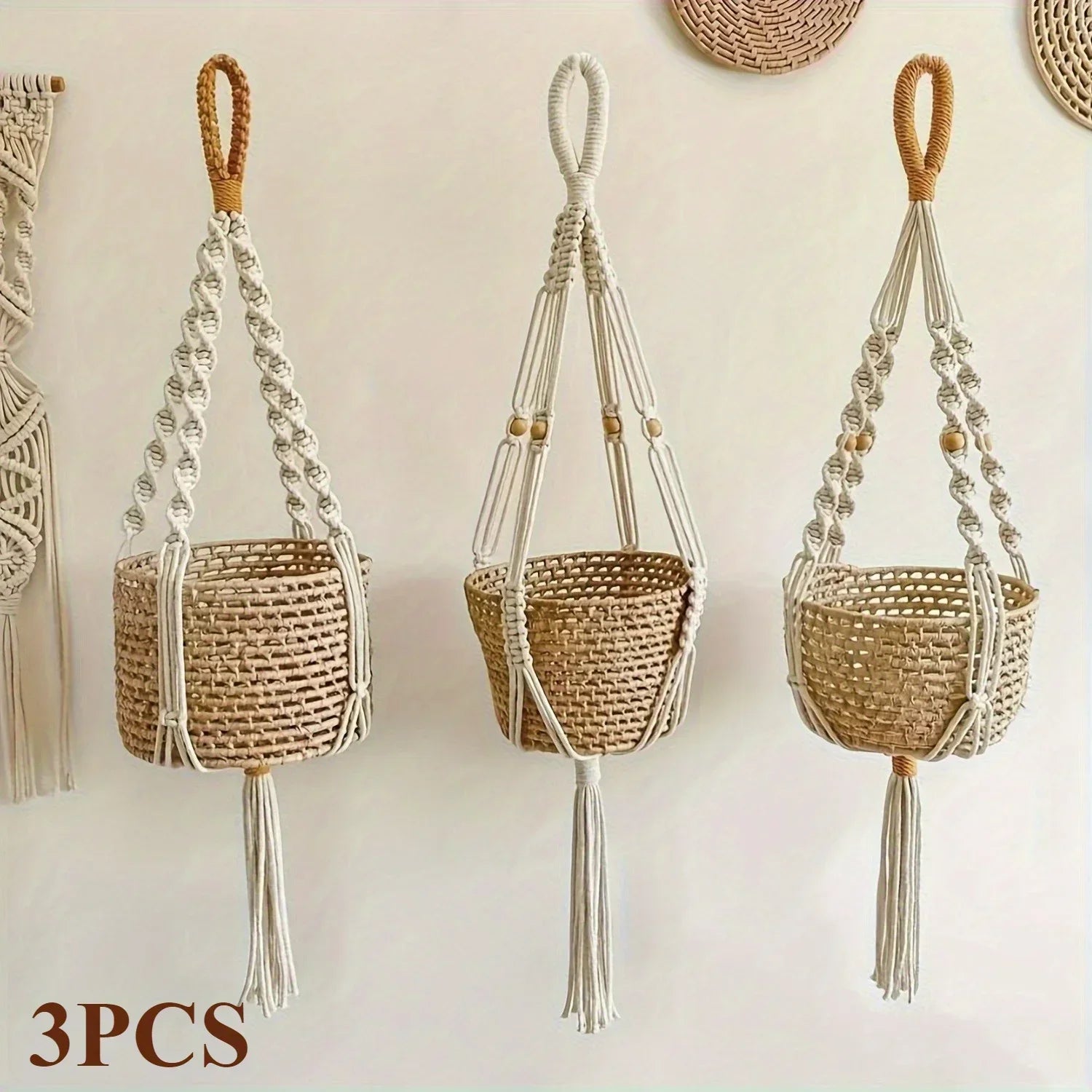 [Macrame Plant Hangers] 3pcs Macrame Plant Hangers - Bohemian Handwoven Holders with Tassels, Decorative Hanging Baskets, Ideal for Balcony/Living Room/Garden, Great Housewarming Gifts (Not Include Pots)