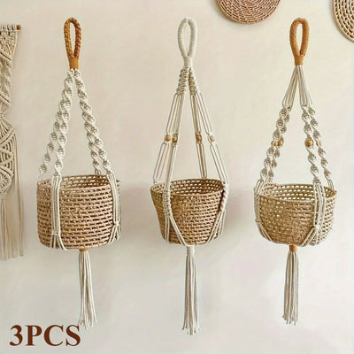 [Macrame Plant Hangers] 3pcs Macrame Plant Hangers - Bohemian Handwoven Holders with Tassels, Decorative Hanging Baskets, Ideal for Balcony/Living Room/Garden, Great Housewarming Gifts (Not Include Pots)