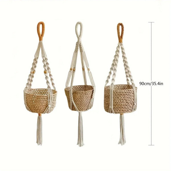 [Macrame Plant Hangers] 3pcs Macrame Plant Hangers - Bohemian Handwoven Holders with Tassels, Decorative Hanging Baskets, Ideal for Balcony/Living Room/Garden, Great Housewarming Gifts (Not Include Pots)