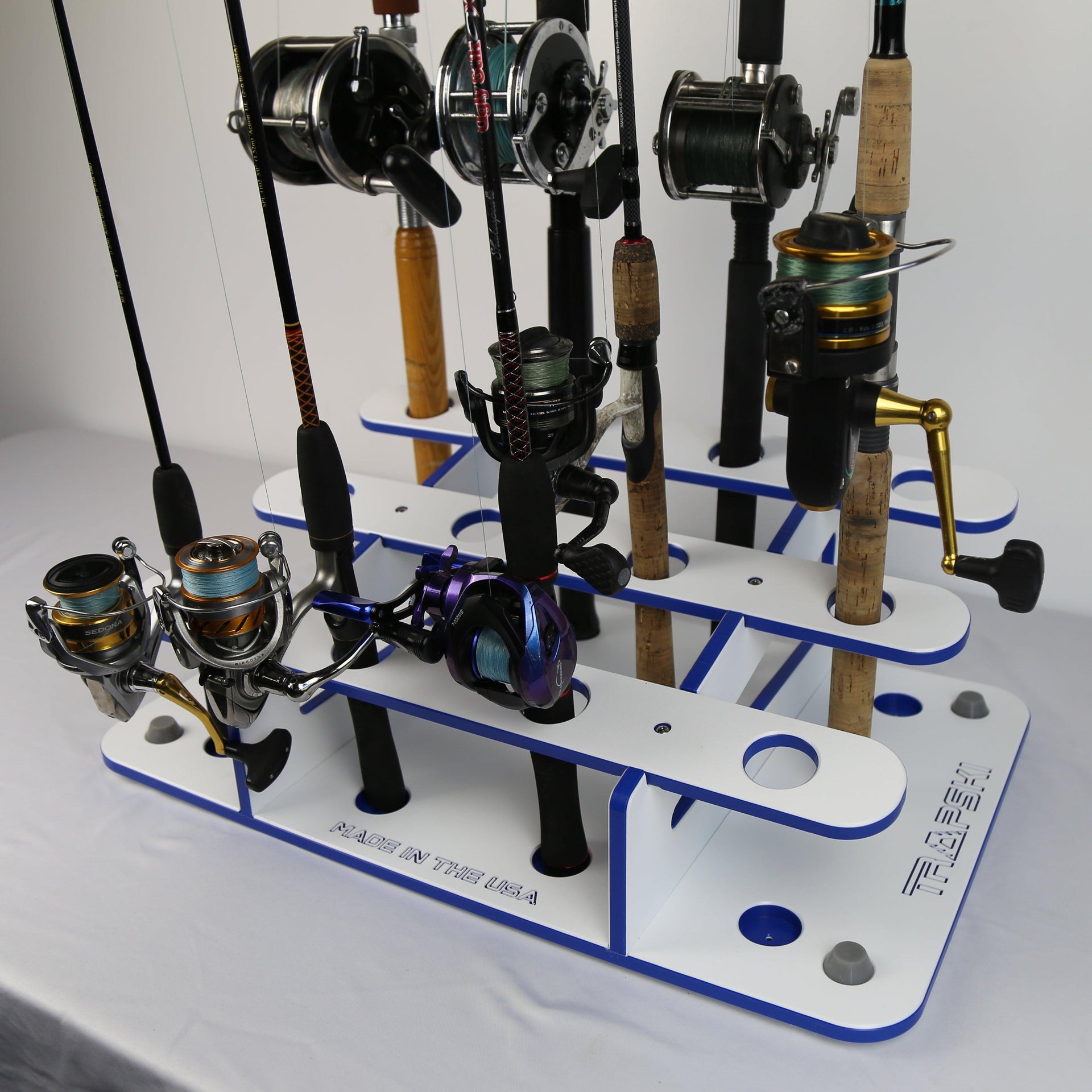 Made in the USA Fishing Rod Rack | 12 Pole Waterproof Wash-down | Dock, Garage, Boat, Storage