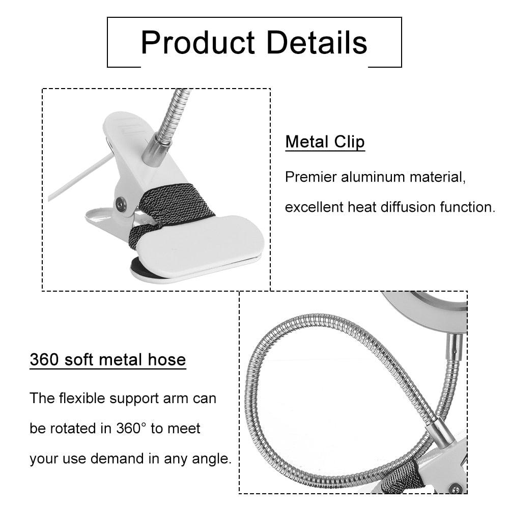 Magnifier Nail Beauty Light Tattoo Clip Light USB Table Lamp Flexible LED Desk Lamp Student Book Lights Study Lamp Reading Light Decorative Table Lamp Cute Study Lamps for Bedroom Décor