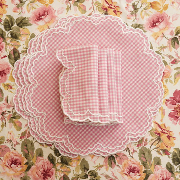 SPRING TABLE DECOR – MAGNOLIA PINK GINGHAM WHITE TRIM PLACEMAT & NAPKIN SET