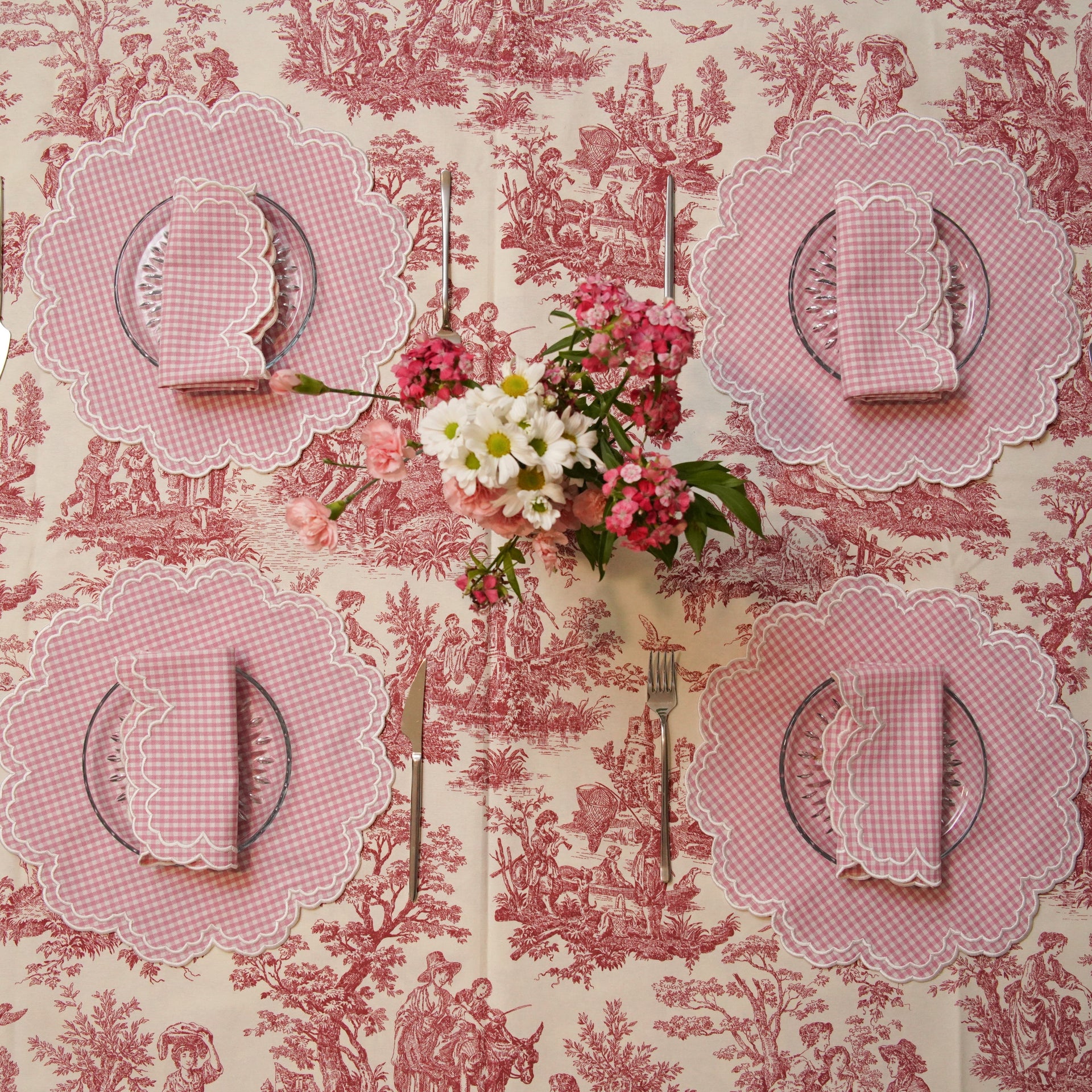 SPRING TABLE DECOR – MAGNOLIA PINK GINGHAM WHITE TRIM PLACEMAT & NAPKIN SET