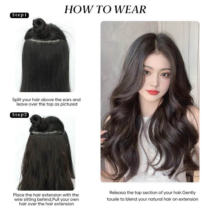Premium Synthetic Invisible Wire Hair Extensions – Long Wavy Synthetic Hairpiece for Women, No Clips
