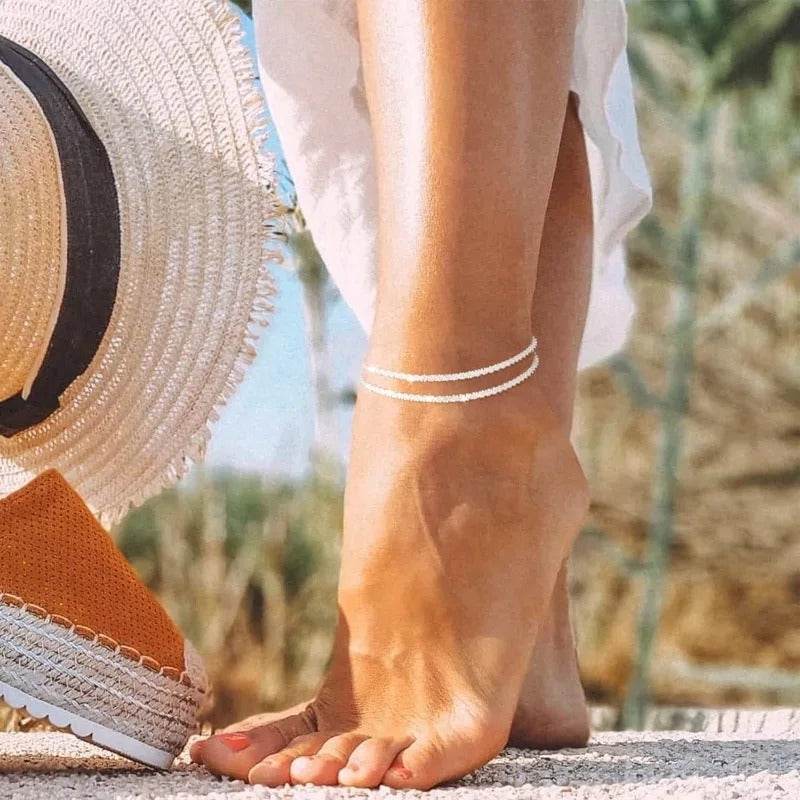 Dainty Layered Waterproof Anklet for Women - Adjustable Cross Pendant Sparkling Beach Jewelry