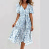 Chiffon Printed Short Sleeve Dress Summer Elegant V-neck Dresses Womens Clothing - Aqua blue / L