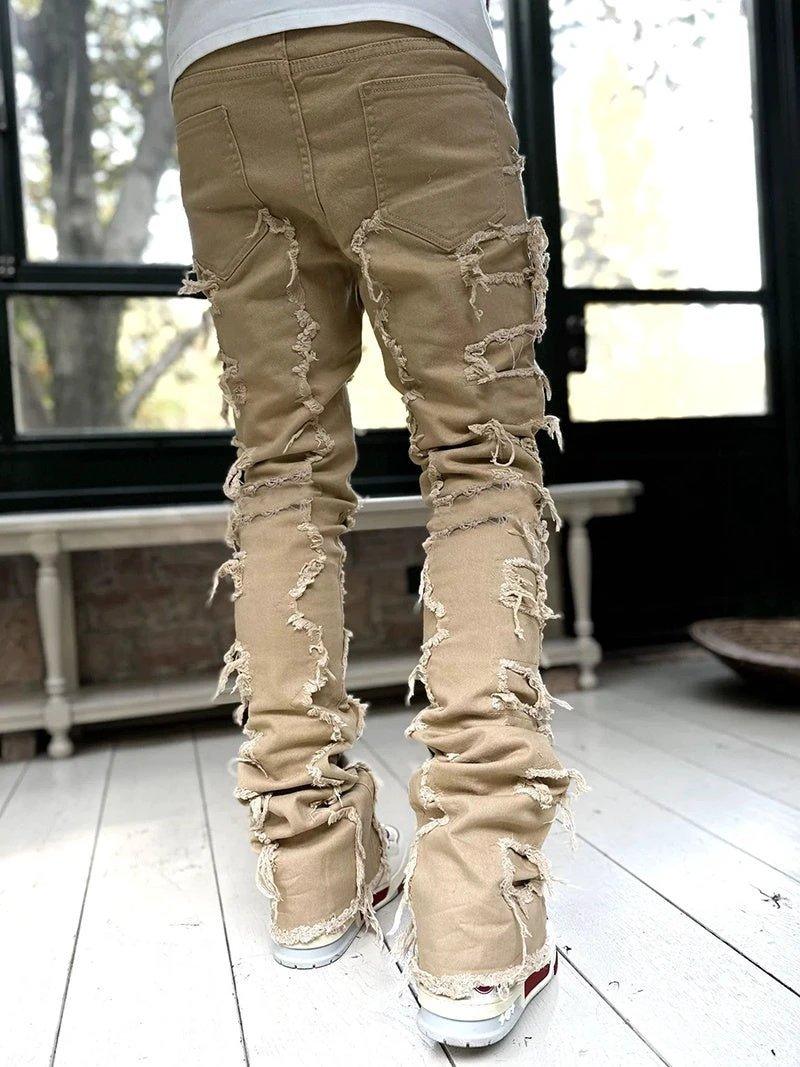 Men's Stacked Jeans - Individual Patched, Long Tight Fit Trousers for Bold Style