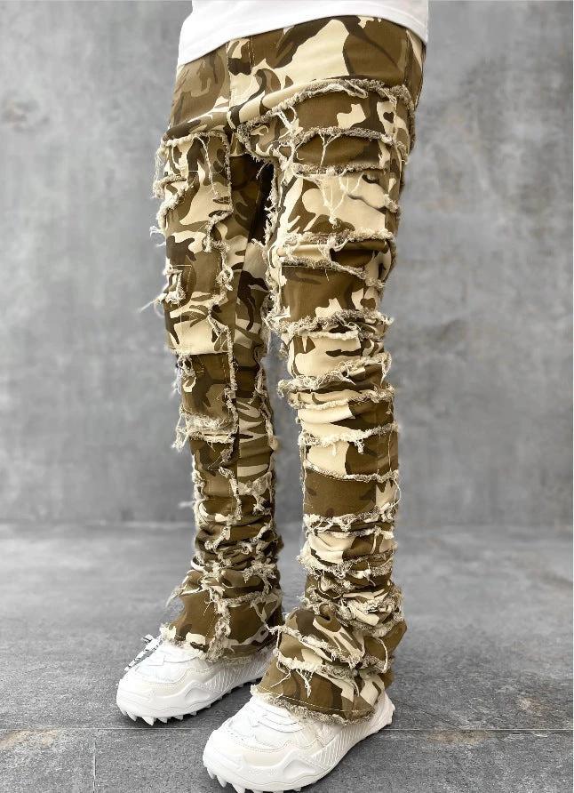 Men's Stacked Jeans - Individual Patched, Long Tight Fit Trousers for Bold Style