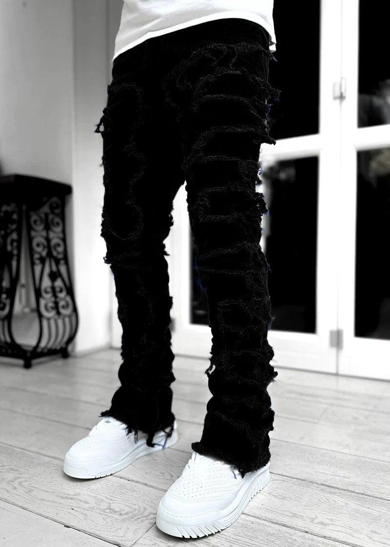Men's Stacked Jeans - Individual Patched, Long Tight Fit Trousers for Bold Style