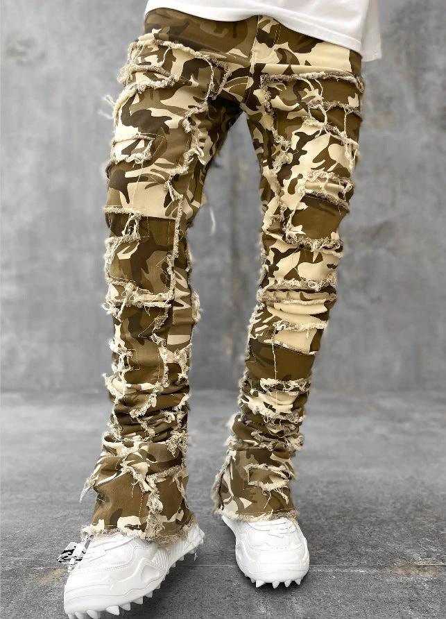 Men's Stacked Jeans - Individual Patched, Long Tight Fit Trousers for Bold Style