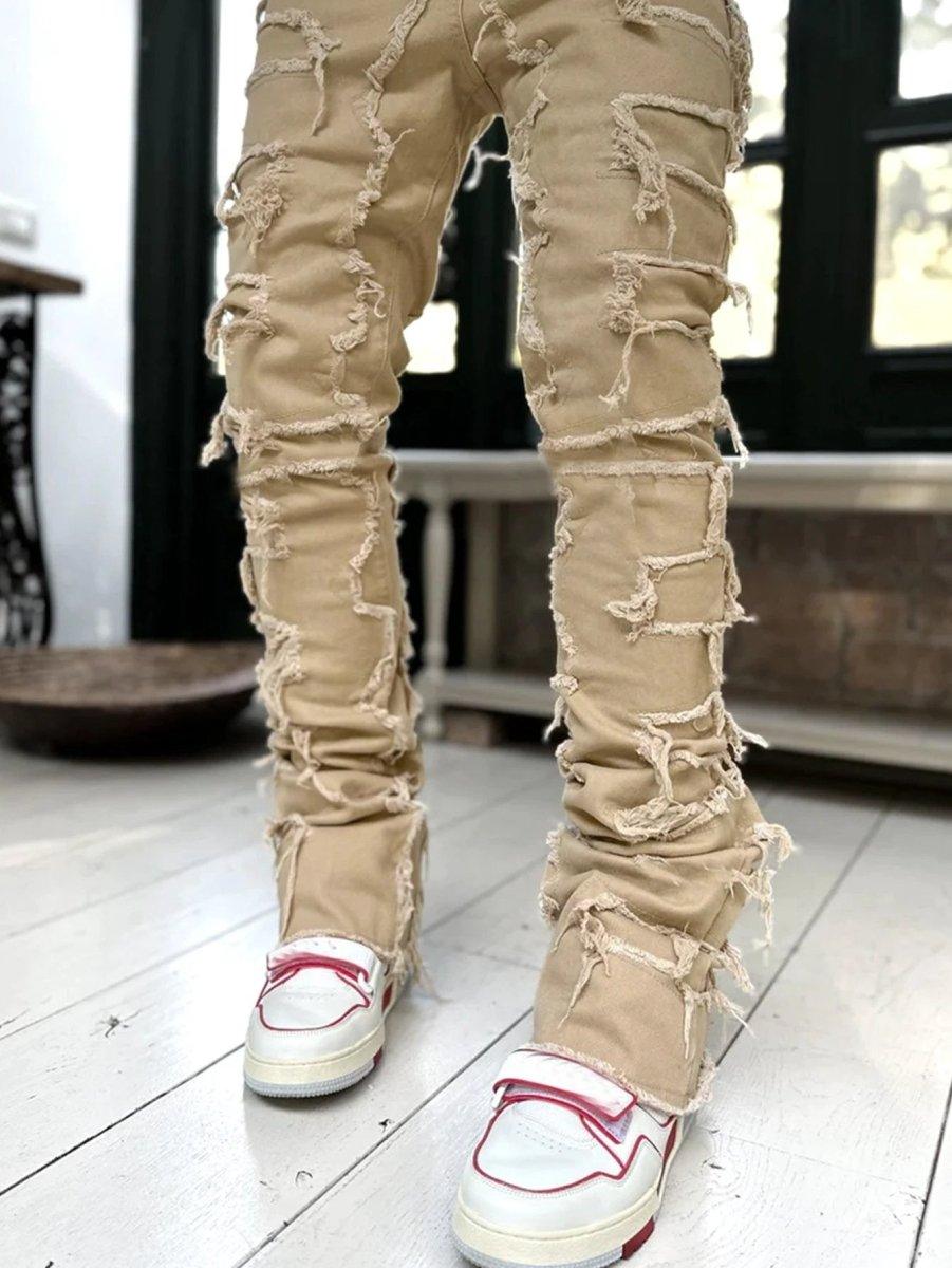 Men's Stacked Jeans - Individual Patched, Long Tight Fit Trousers for Bold Style