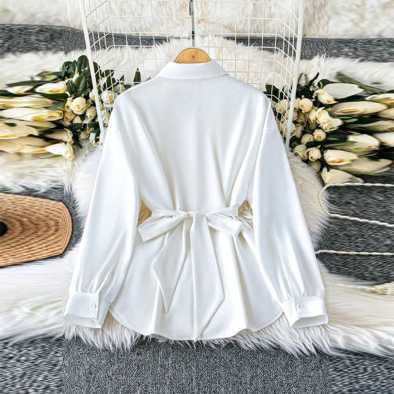 Women's Elegant Lapel Button-Down Top With Adjustable Metal Waist Belt Solid Color Loose Fit Blouse For Casual & Office Wear