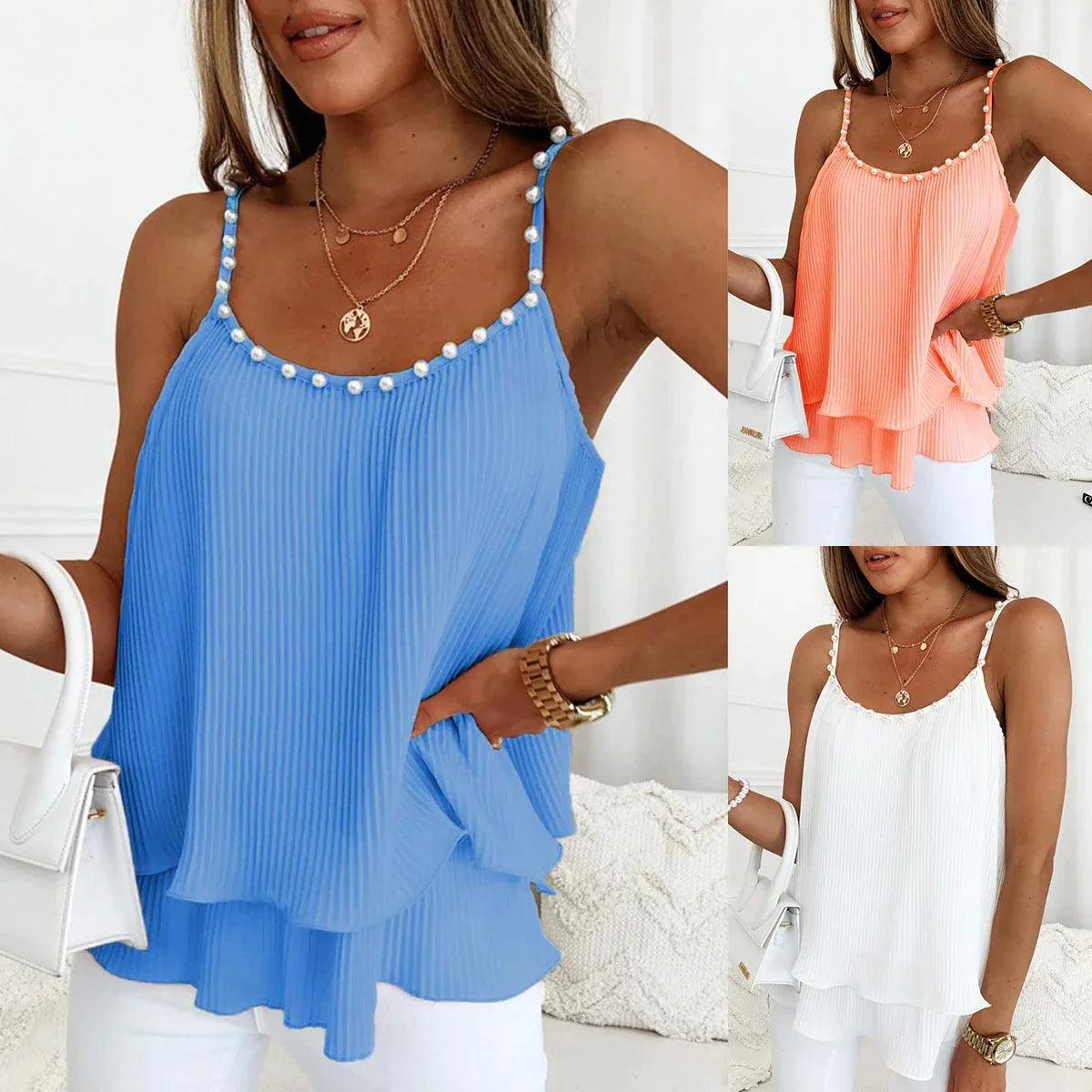Chic Pearl Pleated Tank Top