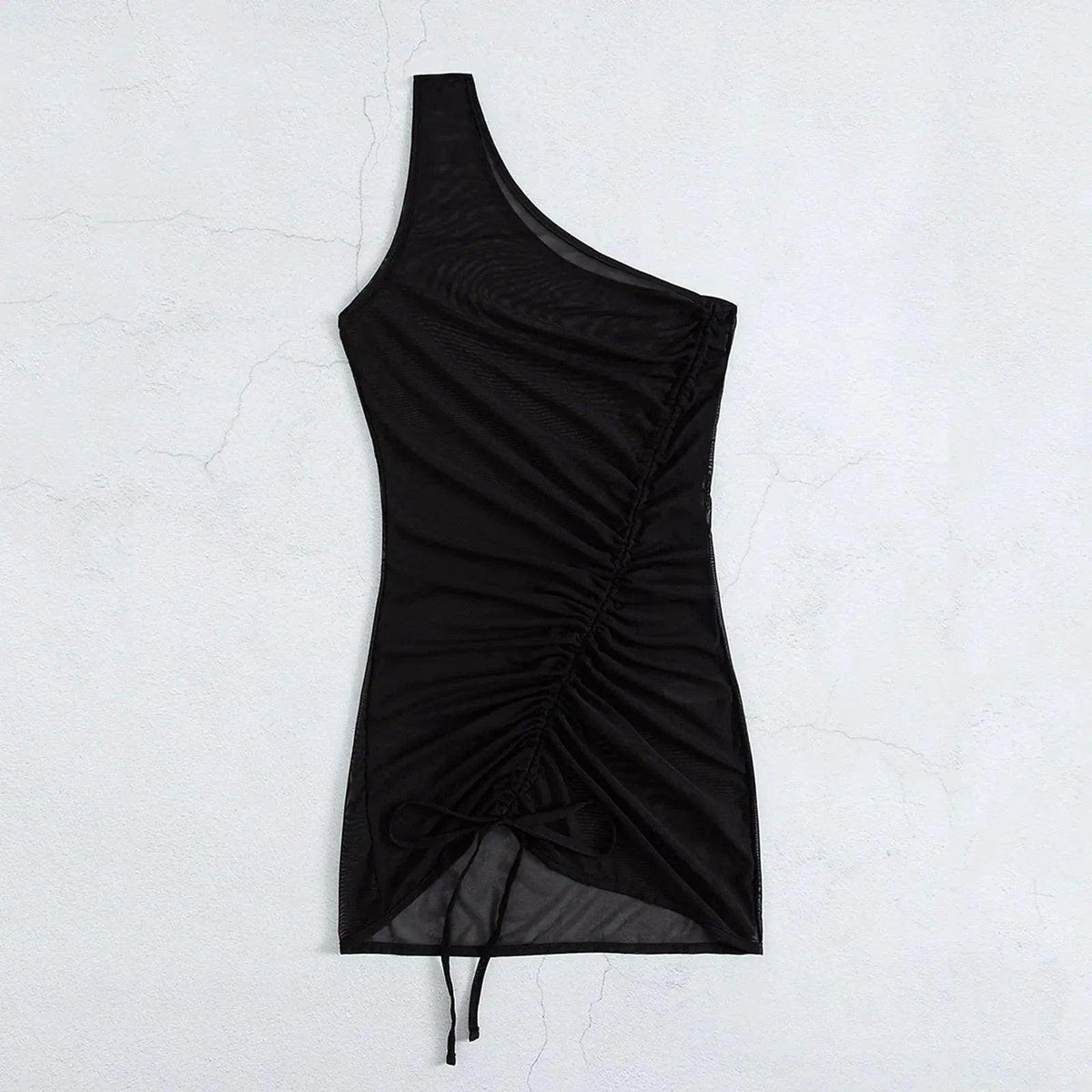 Mandotos Chic Black Mesh One Shoulder Beach Cover Up With Sheer Panels For Swimwear