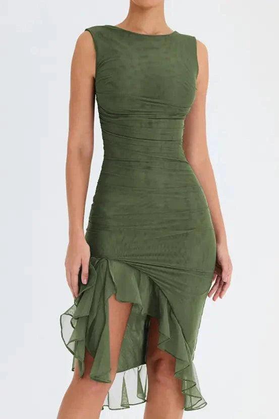 Mandotos Olive Green Ruffled Midi Dress With Ruched Bodice And Tiered Hem For Summer