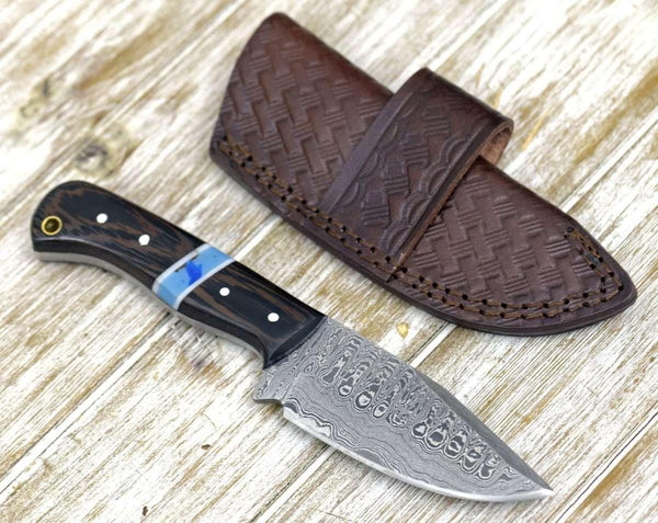 Mangler Damascus Skinnig Knife with Exotic Wenge Wood & Turquoise Handle - Gifts for You 'n Me