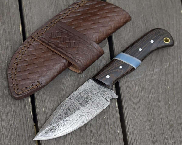 Mangler Damascus Skinnig Knife with Exotic Wenge Wood & Turquoise Handle - Gifts for You 'n Me
